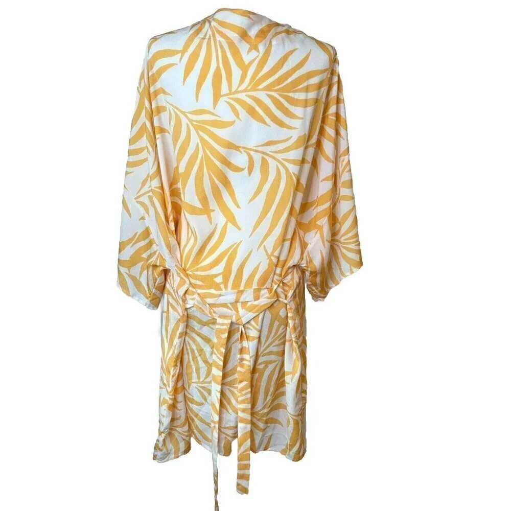 Maison Du‎ Soir Magnolia Palm XL/2XL Open Front Tie Sash Kimono Robe Cover Up